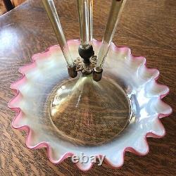 Antique Victorian 1890s Vaseline & Cranberry OPALESCENT 4-Lily EPERGNE withRigaree