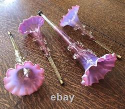 Antique Victorian 1890s Vaseline & Cranberry OPALESCENT 4-Lily EPERGNE withRigaree