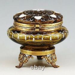 Antique Victorian Amber enamelled art glass hinged trinket jewelry BOX ormolu