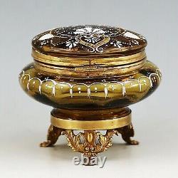 Antique Victorian Amber enamelled art glass hinged trinket jewelry BOX ormolu