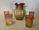 Antique Victorian Amberina Coin Spot Art Glass Pitcher & 4 Tumbler Cups