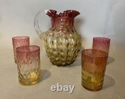 Antique Victorian Amberina Coin Spot Art Glass Pitcher & 4 Tumbler Cups