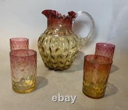 Antique Victorian Amberina Coin Spot Art Glass Pitcher & 4 Tumbler Cups