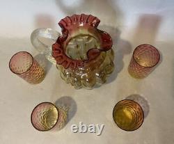 Antique Victorian Amberina Coin Spot Art Glass Pitcher & 4 Tumbler Cups