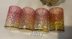 Antique Victorian Amberina Coin Spot Art Glass Pitcher & 4 Tumbler Cups