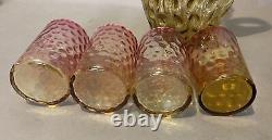 Antique Victorian Amberina Coin Spot Art Glass Pitcher & 4 Tumbler Cups