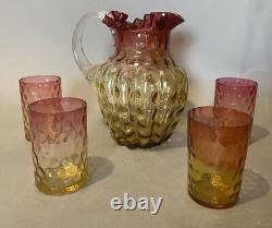 Antique Victorian Amberina Coin Spot Art Glass Pitcher & 4 Tumbler Cups