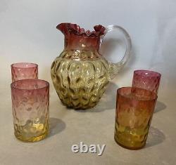 Antique Victorian Amberina Coin Spot Art Glass Pitcher & 4 Tumbler Cups