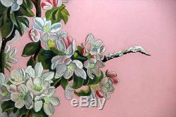 Antique Victorian Apple Blossoms Botantical Flower Reverse Painting On Glass Lge