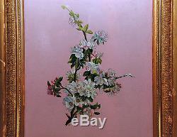 Antique Victorian Apple Blossoms Botantical Flower Reverse Painting On Glass Lge