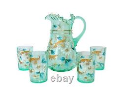 Antique Victorian Aqua Green Vaseline Lemonade Water Pitcher 4 Tumblers Daisies