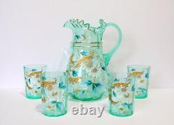 Antique Victorian Aqua Green Vaseline Lemonade Water Pitcher 4 Tumblers Daisies