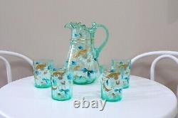 Antique Victorian Aqua Green Vaseline Lemonade Water Pitcher 4 Tumblers Daisies