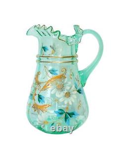 Antique Victorian Aqua Green Vaseline Lemonade Water Pitcher 4 Tumblers Daisies