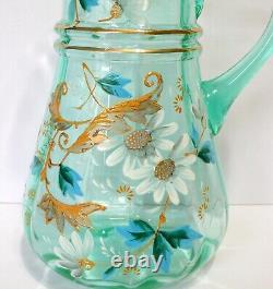 Antique Victorian Aqua Green Vaseline Lemonade Water Pitcher 4 Tumblers Daisies