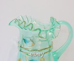 Antique Victorian Aqua Green Vaseline Lemonade Water Pitcher 4 Tumblers Daisies