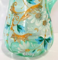 Antique Victorian Aqua Green Vaseline Lemonade Water Pitcher 4 Tumblers Daisies