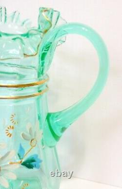 Antique Victorian Aqua Green Vaseline Lemonade Water Pitcher 4 Tumblers Daisies