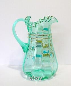 Antique Victorian Aqua Green Vaseline Lemonade Water Pitcher 4 Tumblers Daisies