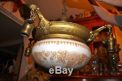Antique Victorian Art Deco 4 Light Ceiling Chandelier-White Glass Globe-Gold