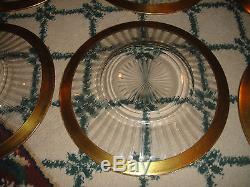 Antique Victorian Art Deco Cut Etched Glass Dinner Plates-Gold Floral Trim-7 PCS