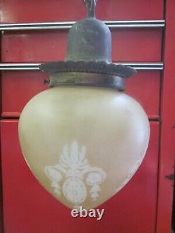 Antique Victorian / Art Deco Etched Glass Pendant Ceiling Light Fixture Chic Old