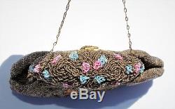 Antique Victorian Art Deco French Micro Glass Beaded Petit Point Purse