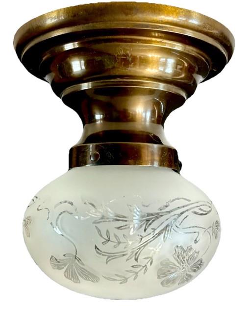 Antique Victorian Art Deco Nouveau Etched Glass Flush Mount Light Fixture