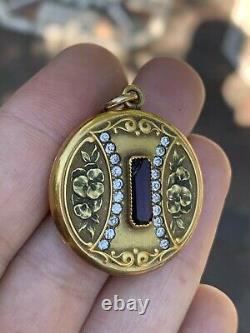 Antique Victorian Art Deco Nouveau Pansy Rhinestone Gold Filled Locket Pendant