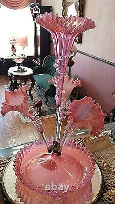 Antique Victorian Art Glass 4 Lily Cranberry Opalescent Epergne Crystal Rigaree