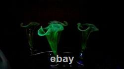 Antique Victorian Art Glass 4 Lily Vaseline Opalescent Epergne Glows Black Light