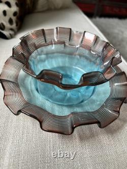 Antique Victorian Art Glass Blue &Cranberry Threaded Finger Bowl Set. Bowl+Dish Antique Victorian Art Glass Blue &Cranberry Threaded Finger Bowl Set. Bowl+Dish