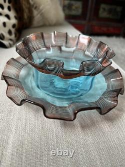 Antique Victorian Art Glass Blue &Cranberry Threaded Finger Bowl Set. Bowl+Dish Antique Victorian Art Glass Blue &Cranberry Threaded Finger Bowl Set. Bowl+Dish