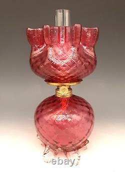 Antique Victorian Art Glass Cranberry DIAMOND QUILTED Footed Miniature Oil Lamp