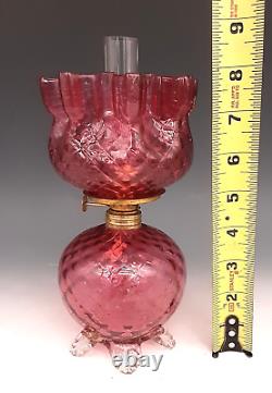 Antique Victorian Art Glass Cranberry DIAMOND QUILTED Footed Miniature Oil Lamp