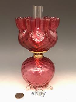 Antique Victorian Art Glass Cranberry DIAMOND QUILTED Footed Miniature Oil Lamp