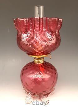 Antique Victorian Art Glass Cranberry DIAMOND QUILTED Footed Miniature Oil Lamp