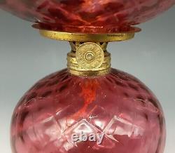 Antique Victorian Art Glass Cranberry DIAMOND QUILTED Footed Miniature Oil Lamp