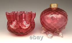 Antique Victorian Art Glass Cranberry DIAMOND QUILTED Footed Miniature Oil Lamp