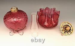 Antique Victorian Art Glass Cranberry DIAMOND QUILTED Footed Miniature Oil Lamp