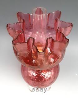 Antique Victorian Art Glass Cranberry DIAMOND QUILTED Footed Miniature Oil Lamp