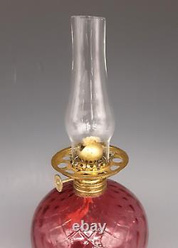 Antique Victorian Art Glass Cranberry DIAMOND QUILTED Footed Miniature Oil Lamp