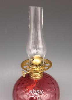 Antique Victorian Art Glass Cranberry DIAMOND QUILTED Footed Miniature Oil Lamp
