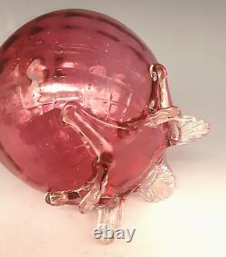 Antique Victorian Art Glass Cranberry DIAMOND QUILTED Footed Miniature Oil Lamp