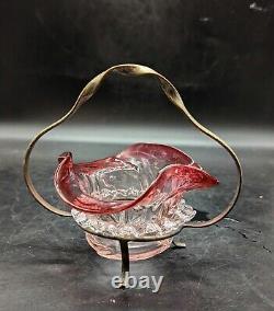 Antique Victorian Art Glass Cranberry Open Sugar Sauce Bowl W Stand 6