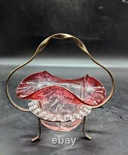 Antique Victorian Art Glass Cranberry Open Sugar Sauce Bowl W Stand 6