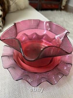 Antique Victorian Art Glass Cranberry Threaded Finger Bowl Set. Bowl+Dish. Ruffle