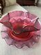 Antique Victorian Art Glass Cranberry Threaded Finger Bowl Set. Bowl+dish. Ruffle