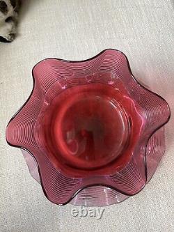 Antique Victorian Art Glass Cranberry Threaded Finger Bowl Set. Bowl+Dish. Ruffle