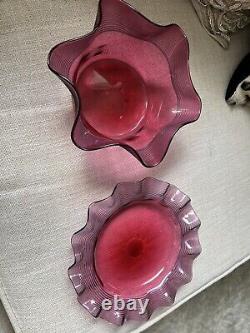 Antique Victorian Art Glass Cranberry Threaded Finger Bowl Set. Bowl+Dish. Ruffle